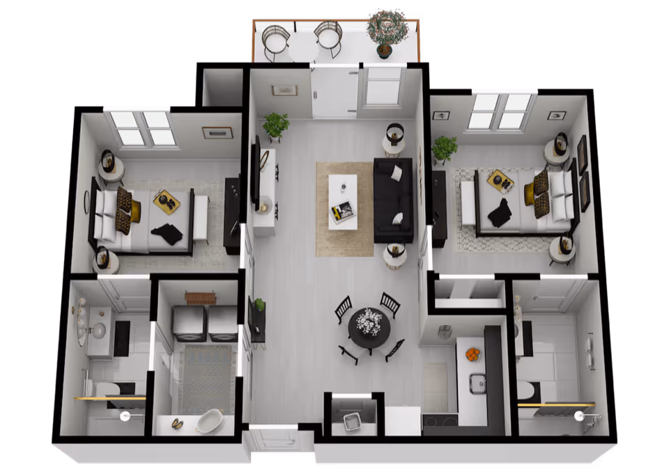 3D rendered floor plan of a two-bedroom apartment showing a central living and dining area, kitchen, two bathrooms, and a small balcony.