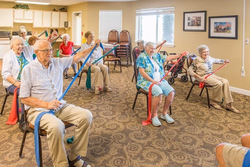 A group of elderly individuals seated in a room participating in a seated exercise class using resistance bands. The room has beige walls, patterned carpet, and windows letting in natural light. Chairs are arranged in rows, and some stacked chairs and a walker are visible in the background.
