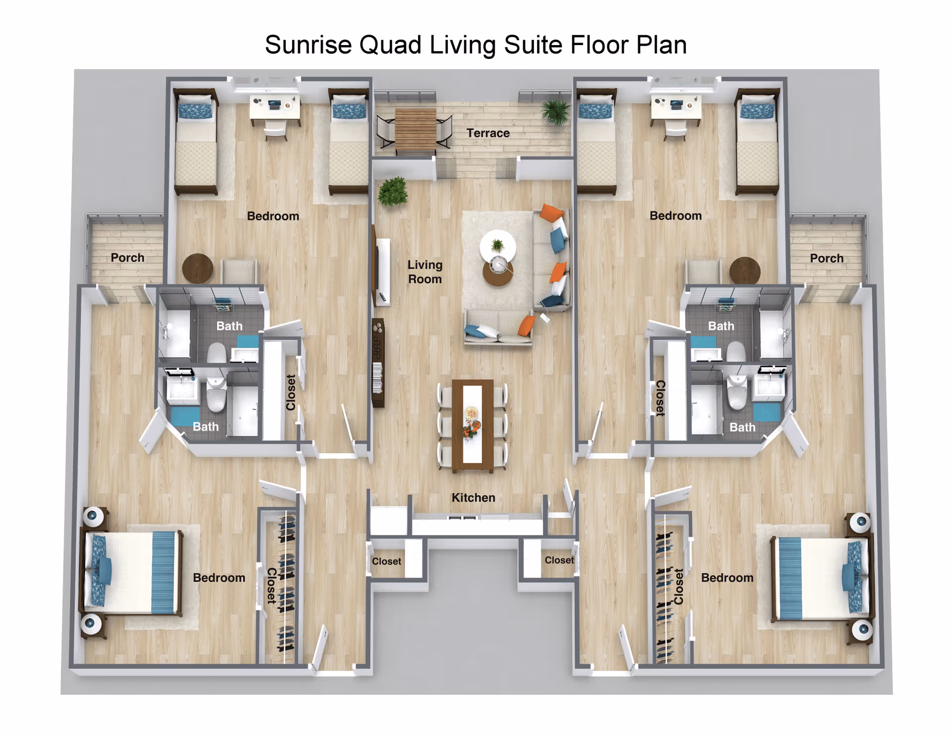 Top-down floor plan of the Sunrise Quad living suite showing four bedrooms, a central living room and kitchen, multiple bathrooms, closets and porches.
