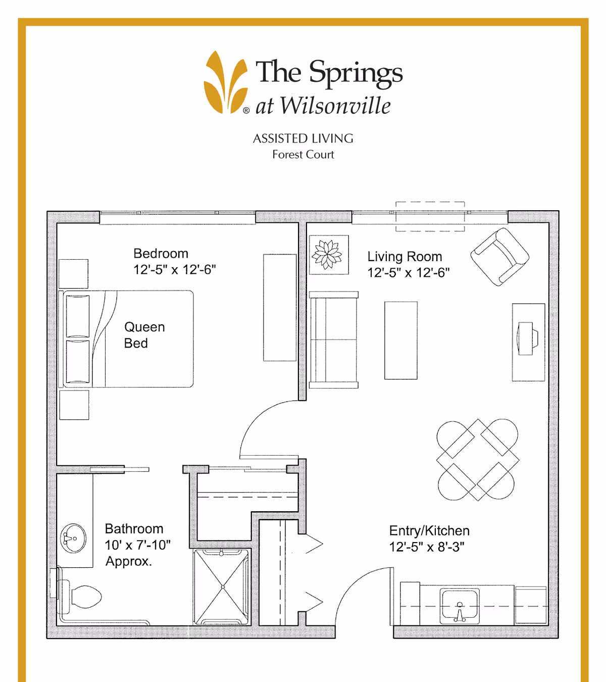 Floor plan of an assisted living unit at The Springs at Wilsonville showing a bedroom with a queen bed, a bathroom with a toilet, sink, and shower, a living room with seating and a table, and an entry/kitchen area with a sink and dining table.