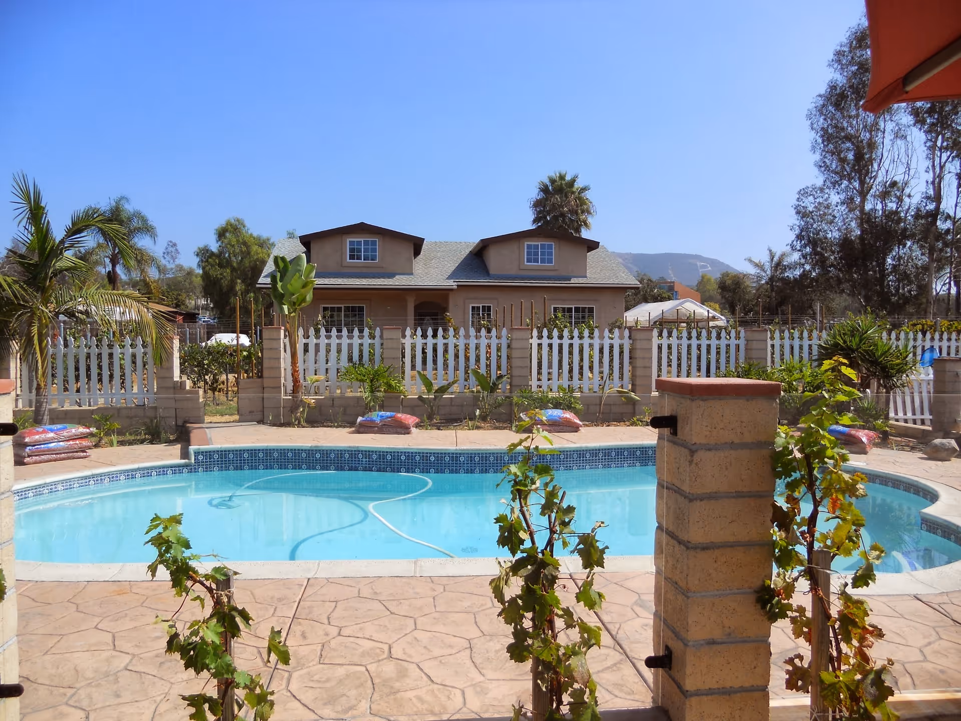 Backyard swimming pool with tiled patio, vine-covered posts, a white picket fence, and a two-story house in the background.