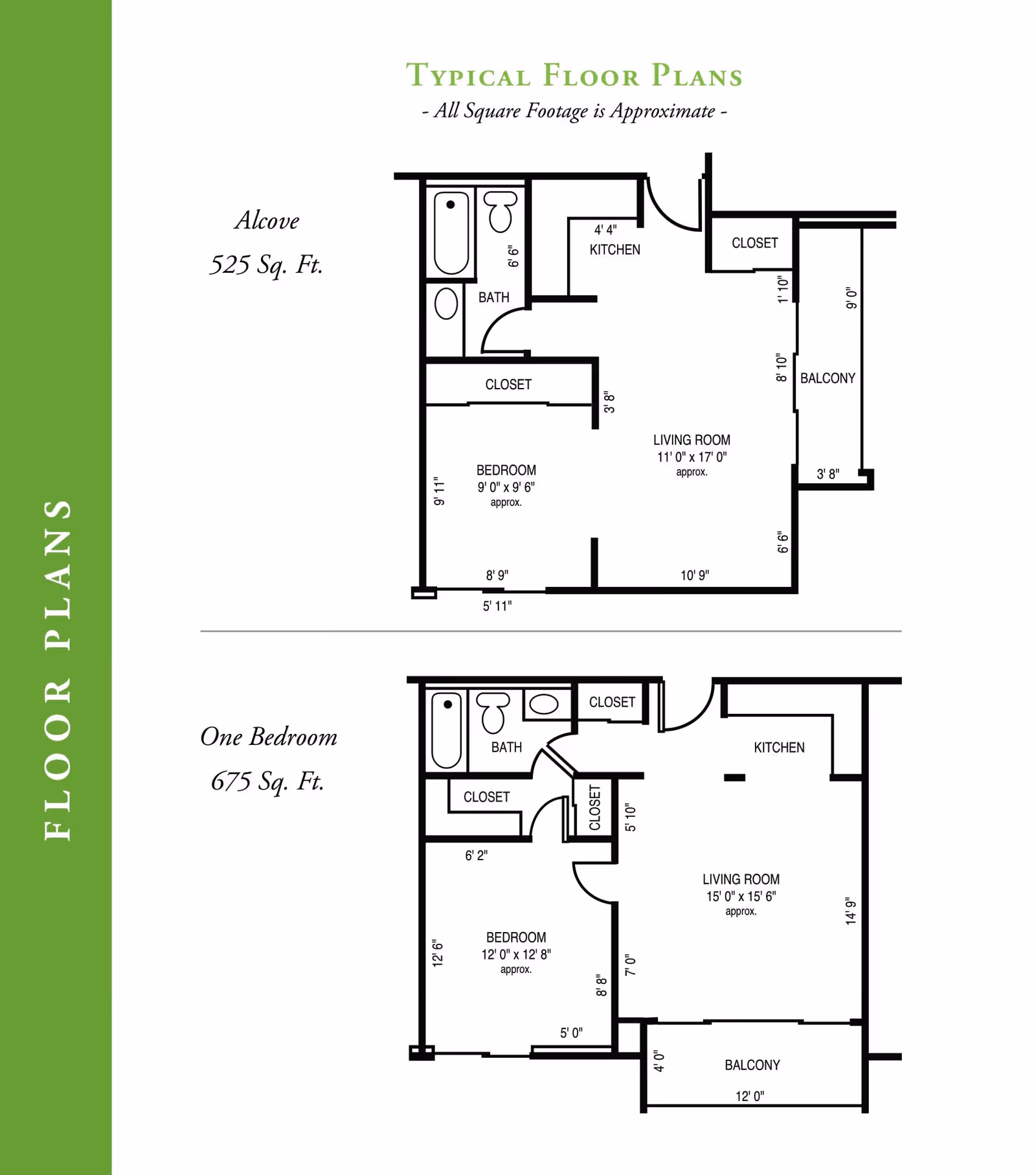 Floor plans for Garden Villas showing two apartment layouts: an Alcove with 525 square feet and a One Bedroom with 675 square feet. Each plan includes labeled areas such as bedroom, bath, kitchen, living room, closets, and balcony with approximate dimensions.