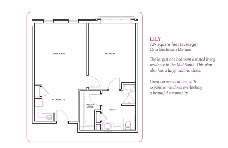 Floor plan of the Lily one bedroom deluxe assisted living residence at Trezevant, showing a living room, kitchenette, bedroom, walk-in closet, and bathroom. The plan highlights 729 square feet with large windows and a corner location.