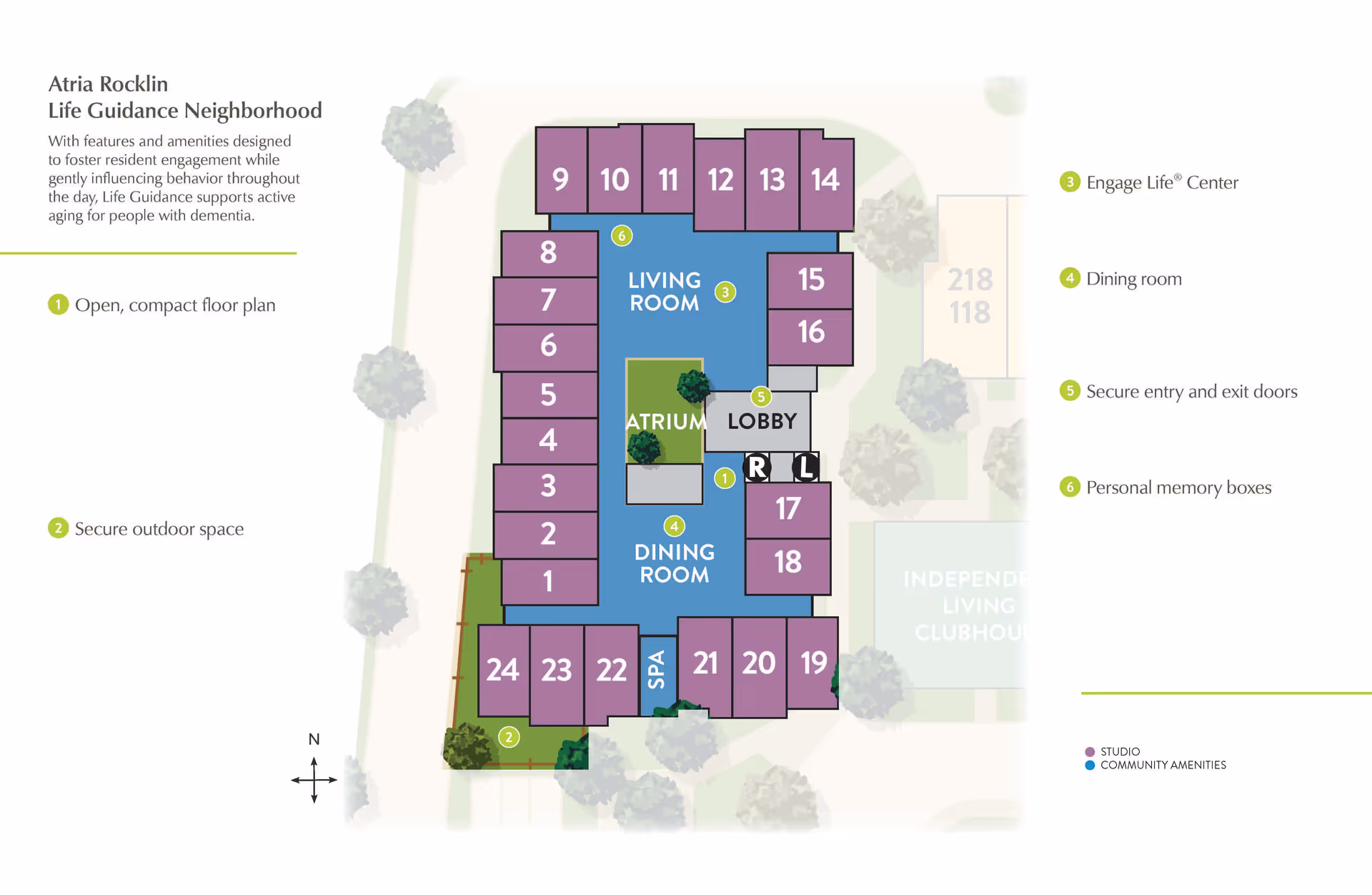 Floor plan of Atria Rocklin Life Guidance Neighborhood showing a compact layout with numbered studio rooms surrounding community amenities including a living room, dining room, atrium, lobby, and spa. The plan highlights features such as secure outdoor space, secure entry and exit doors, personal memory boxes, and an Engage Life Center.