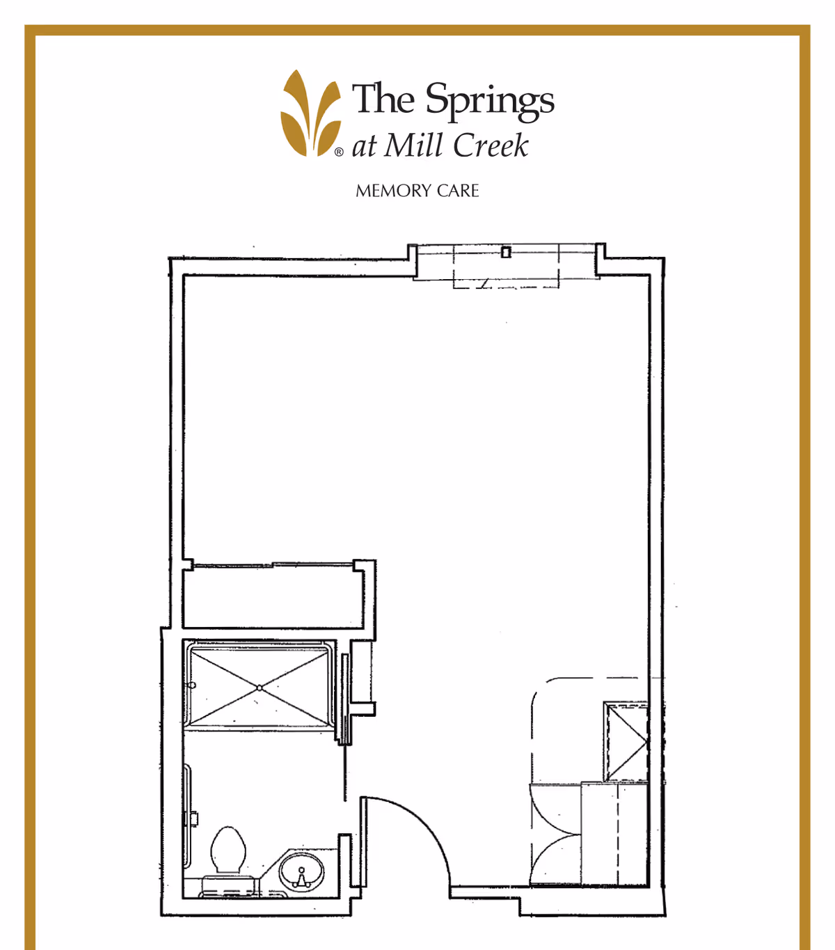 Floor plan layout of a memory care unit at The Springs at Mill Creek, showing a main room with an attached bathroom including a toilet, sink, and shower.