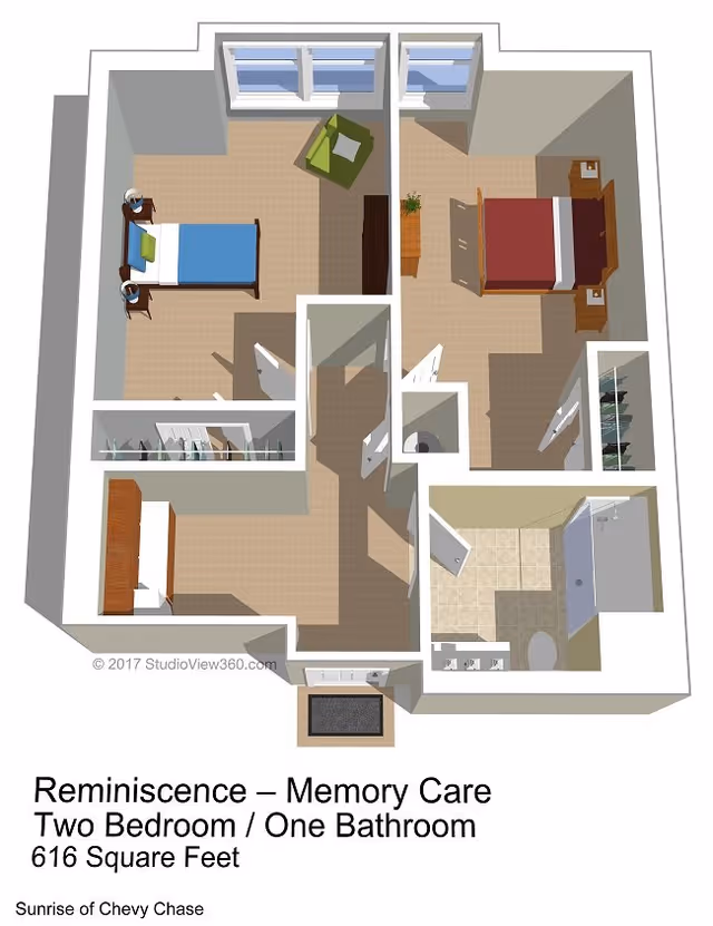3D floor plan of a memory care unit at Sunrise of Chevy Chase showing two bedrooms, one bathroom, closets, and a small hallway. The left bedroom has a single bed with blue bedding, two nightstands with lamps, and a green chair near the window. The right bedroom has a double bed with red bedding and two nightstands. The bathroom includes a toilet, sink, and shower. The layout covers 616 square feet.