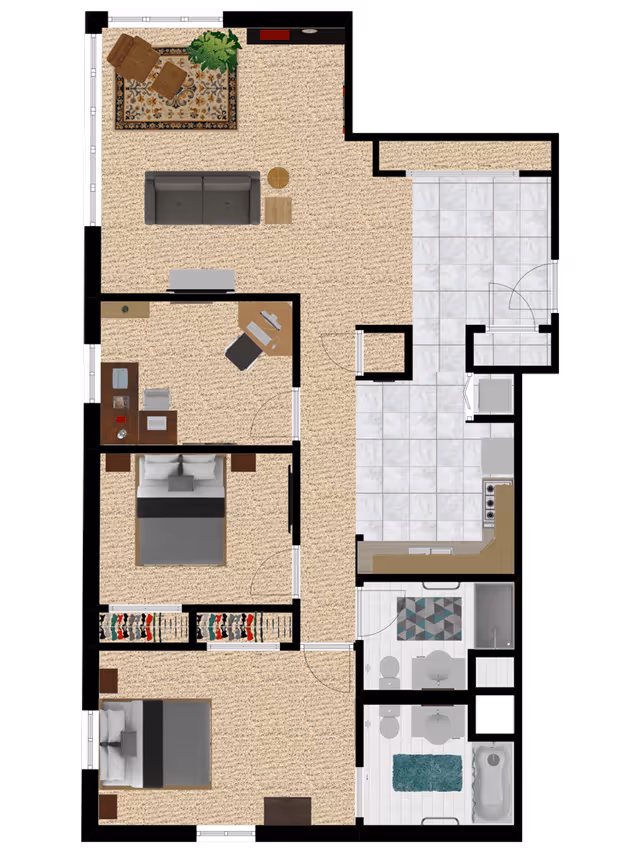 Top-down floor plan of an apartment at Cottage Grove Place showing a living room with sofa and chairs, two bedrooms with beds, a kitchen with appliances, two bathrooms, and a small office area with a desk and chair.