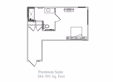 Architectural floor plan of a premium suite measuring 384-391 square feet, showing a layout with a bedroom area, bathroom with shower and toilet, and entryway.