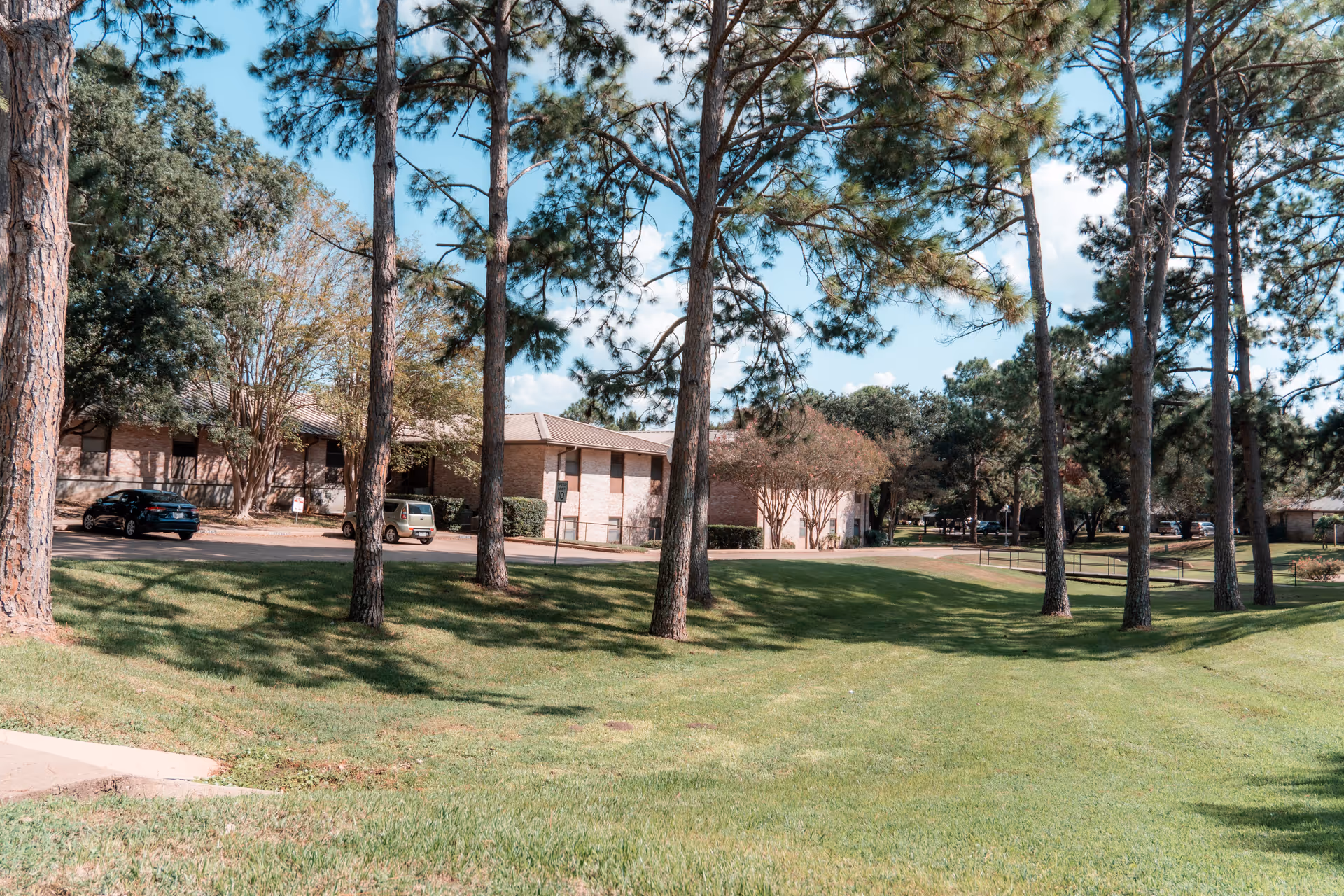 Outdoor view of Kruse Village showing a grassy area with several tall pine trees and a few parked cars near a brick building under a blue sky with some clouds.