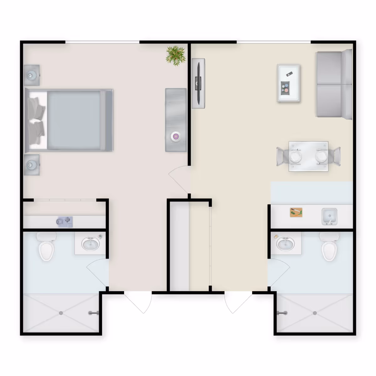 Floor plan of a senior living unit featuring a bedroom with a bed and nightstands, a living room with a sofa, TV, and dining table, two bathrooms each with a toilet, sink, and shower, and a kitchen area with a sink and counter space.