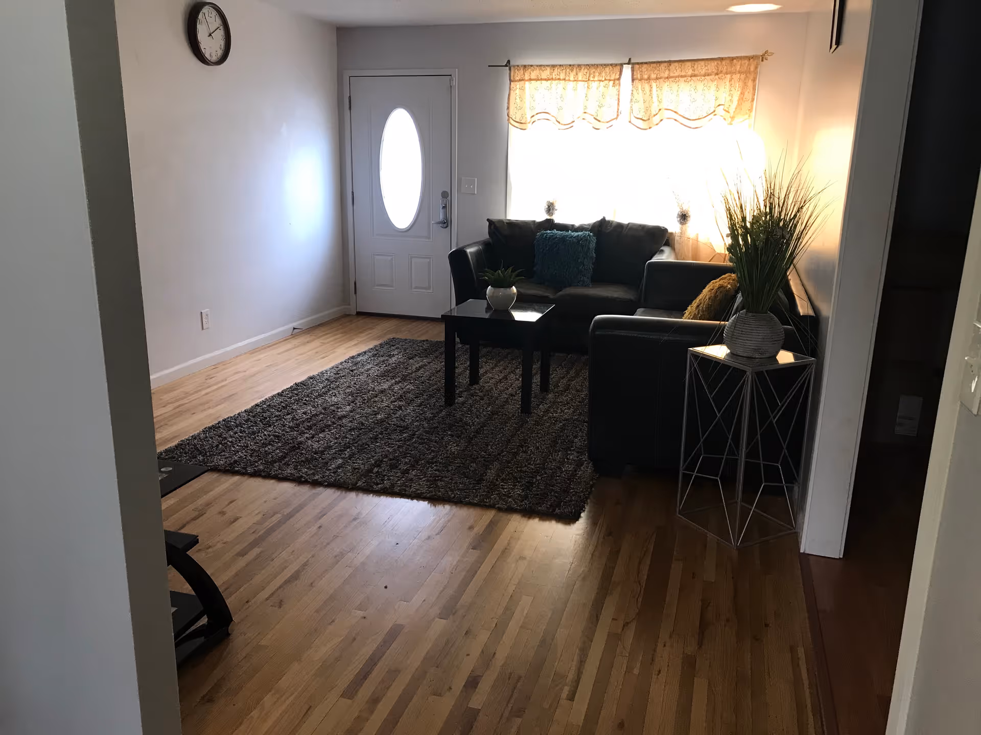 A cozy living room with wooden flooring, a dark gray rug, a black sofa with colorful cushions, a small black coffee table with a plant, a side table with a tall plant, a white front door with an oval window, and a wall clock above the door.