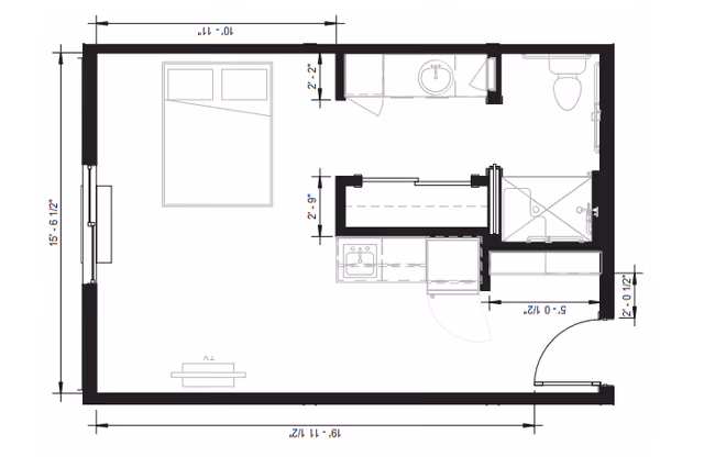 Architectural floor plan of a small assisted living unit showing a bedroom area with a bed and TV, a kitchenette with a sink and refrigerator, and a bathroom with a toilet, sink, and shower.