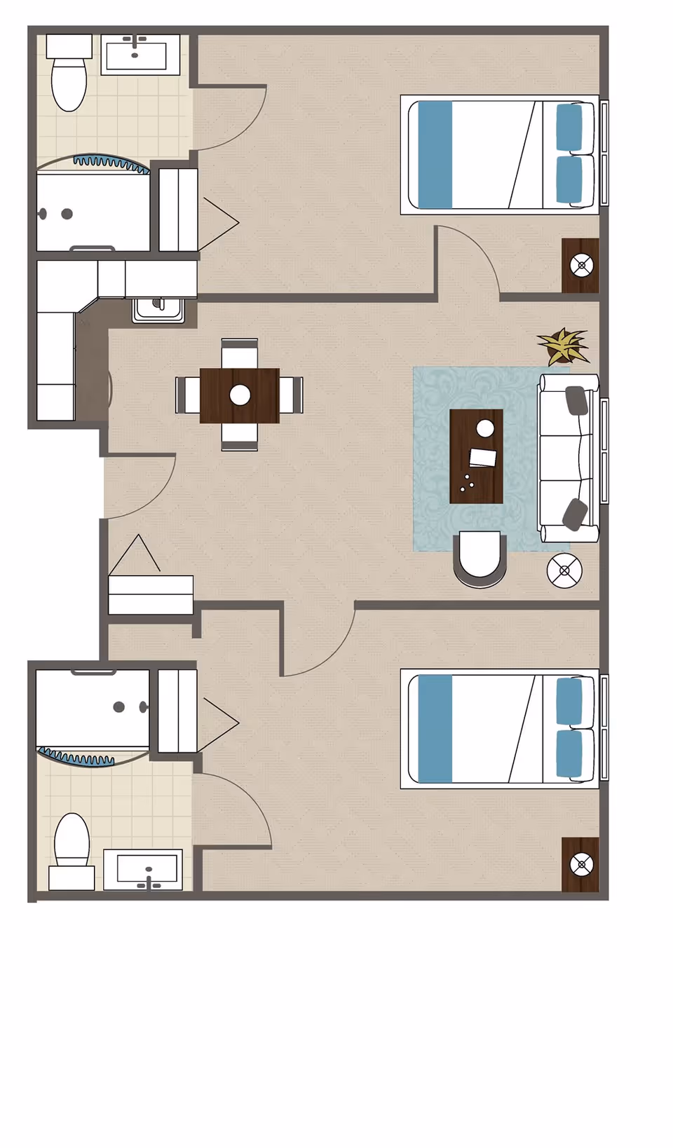 Floor plan of a two-bedroom assisted living apartment featuring two bathrooms, a living room with a sofa and coffee table, a dining area with a table and four chairs, and a kitchen area with cabinets and a sink.
