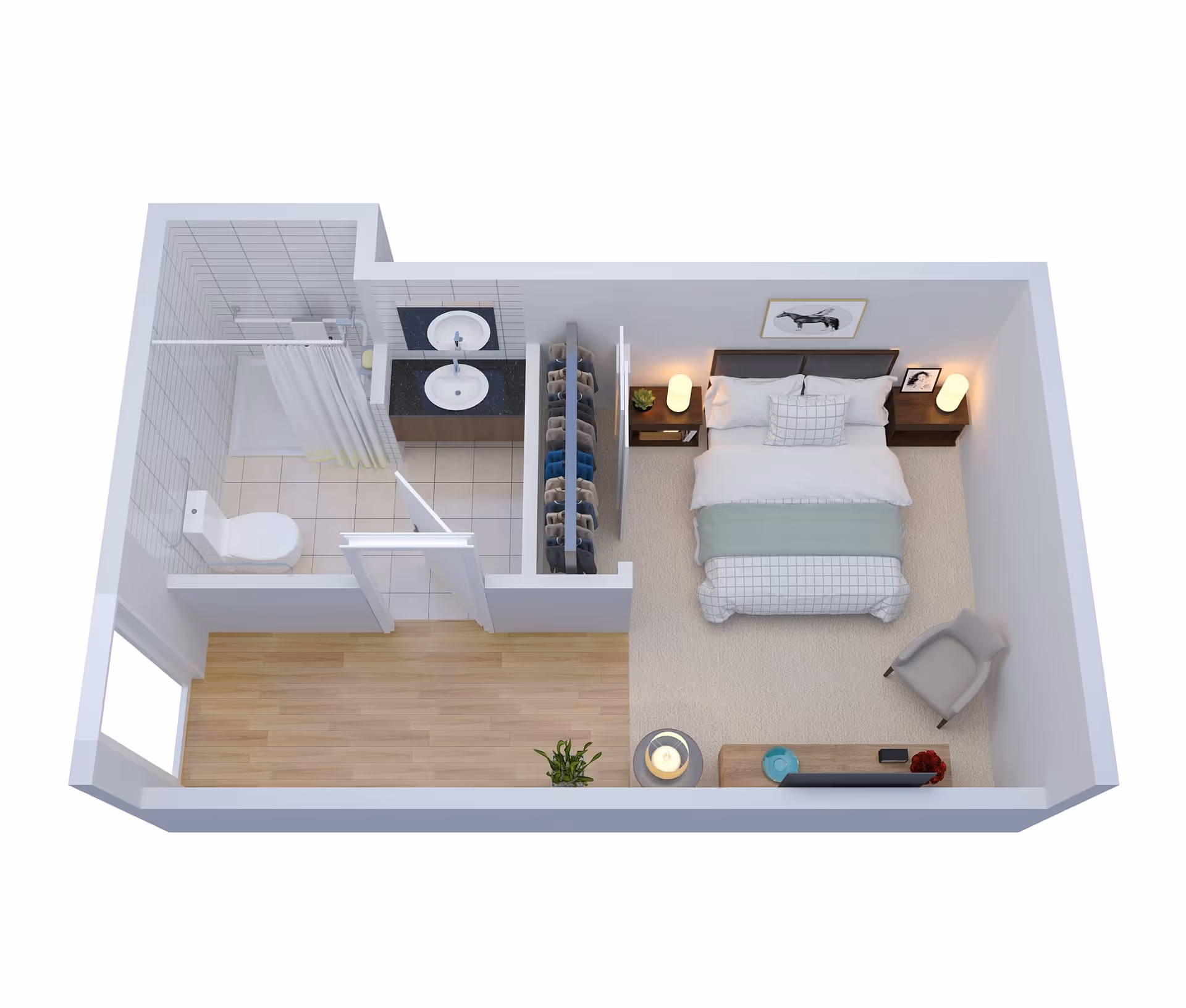 3D floor plan of a small living space showing a bedroom and an attached bathroom. The bedroom has a double bed with pillows and a blanket, two bedside tables with lamps, a chair, a small table with a TV, and a closet with hanging clothes. The bathroom includes a toilet, a shower with a curtain, and a sink with a mirror above it. The floor is a combination of carpet in the bedroom and tiles in the bathroom.