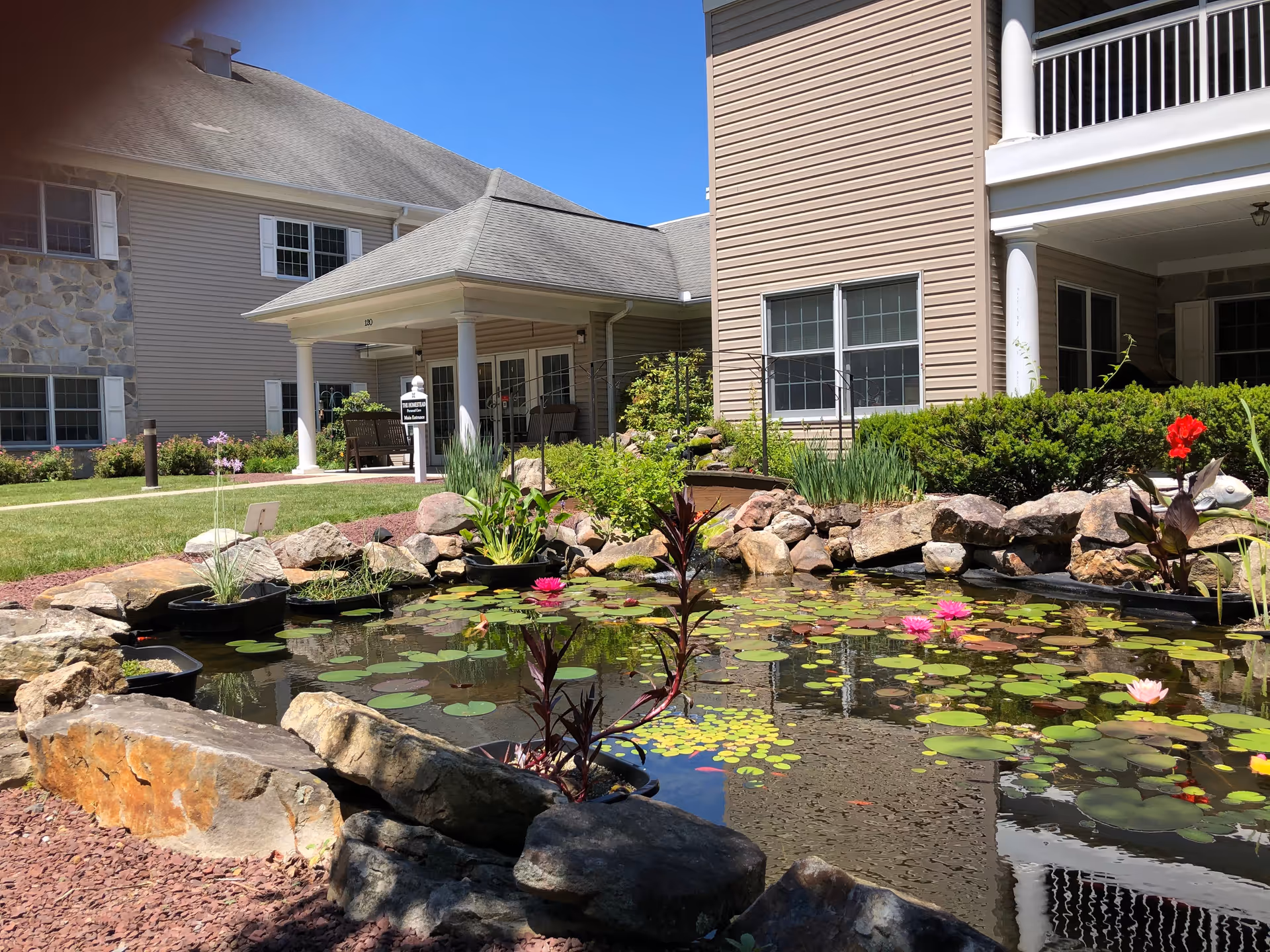 Outdoor view of a senior living facility named Westminster Woods showing a landscaped garden with a pond filled with lily pads and flowers. The building has beige siding, white columns, and a covered porch area with seating. The sky is clear and blue.