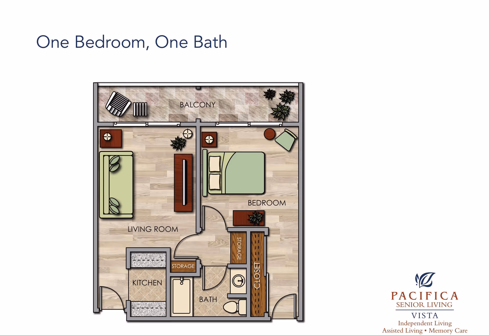 Floor plan of a one bedroom, one bath senior living apartment featuring a balcony, living room with sofa and coffee table, bedroom with bed and chair, kitchen, bathroom, storage areas, and a closet.