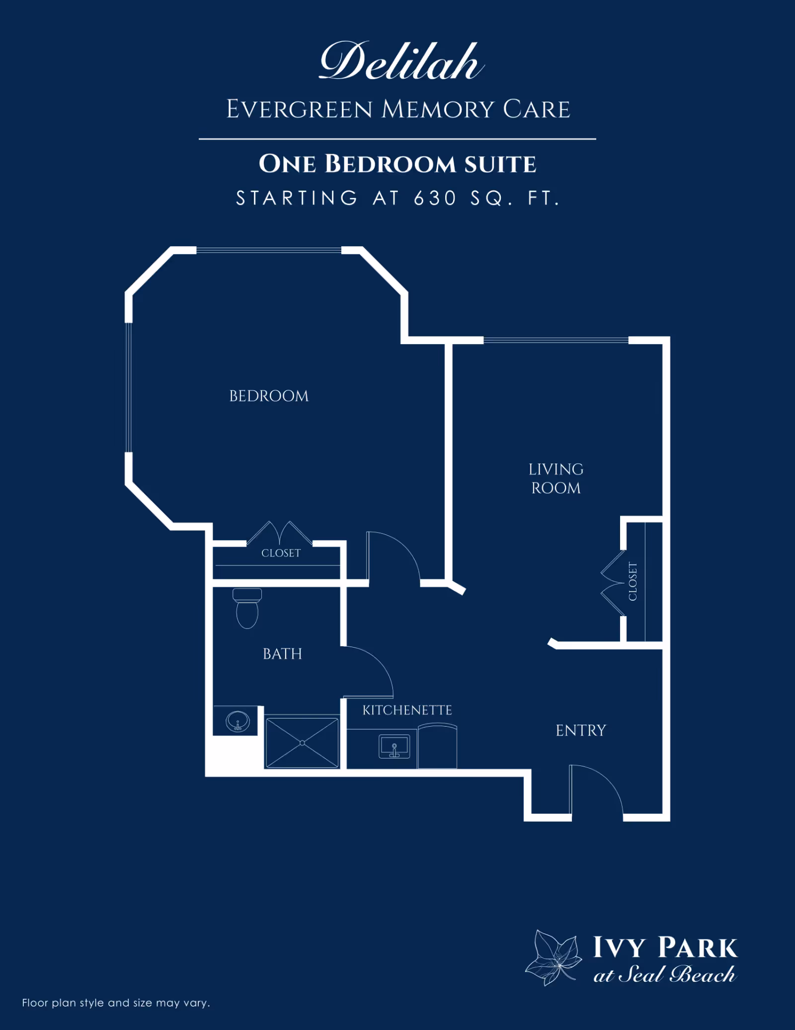 Blueprint-style one-bedroom suite floor plan showing a bedroom, living room, bath, kitchenette, closets, and entry, labeled 'Delilah' and branded Ivy Park at Seal Beach.