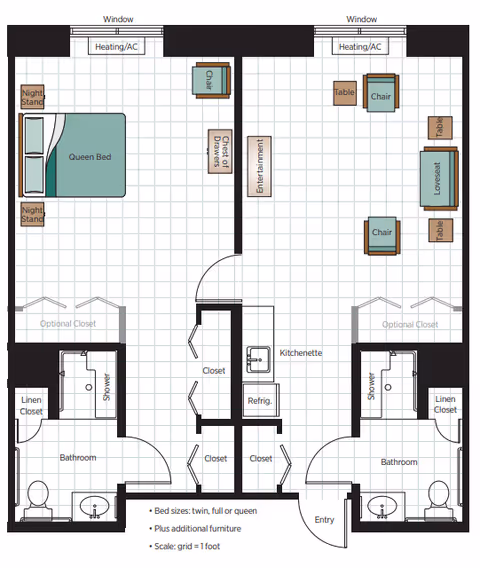 Floor plan of a senior living unit at Belmont Village Senior Living Albany showing two separate living spaces each with a bedroom, bathroom, closets, and a shared kitchenette area. Each bedroom has a queen bed, nightstands, and optional closets. The living areas include chairs, tables, a loveseat, and entertainment furniture. Bathrooms have showers, toilets, sinks, and linen closets. Heating/AC units are located near windows in both living spaces.