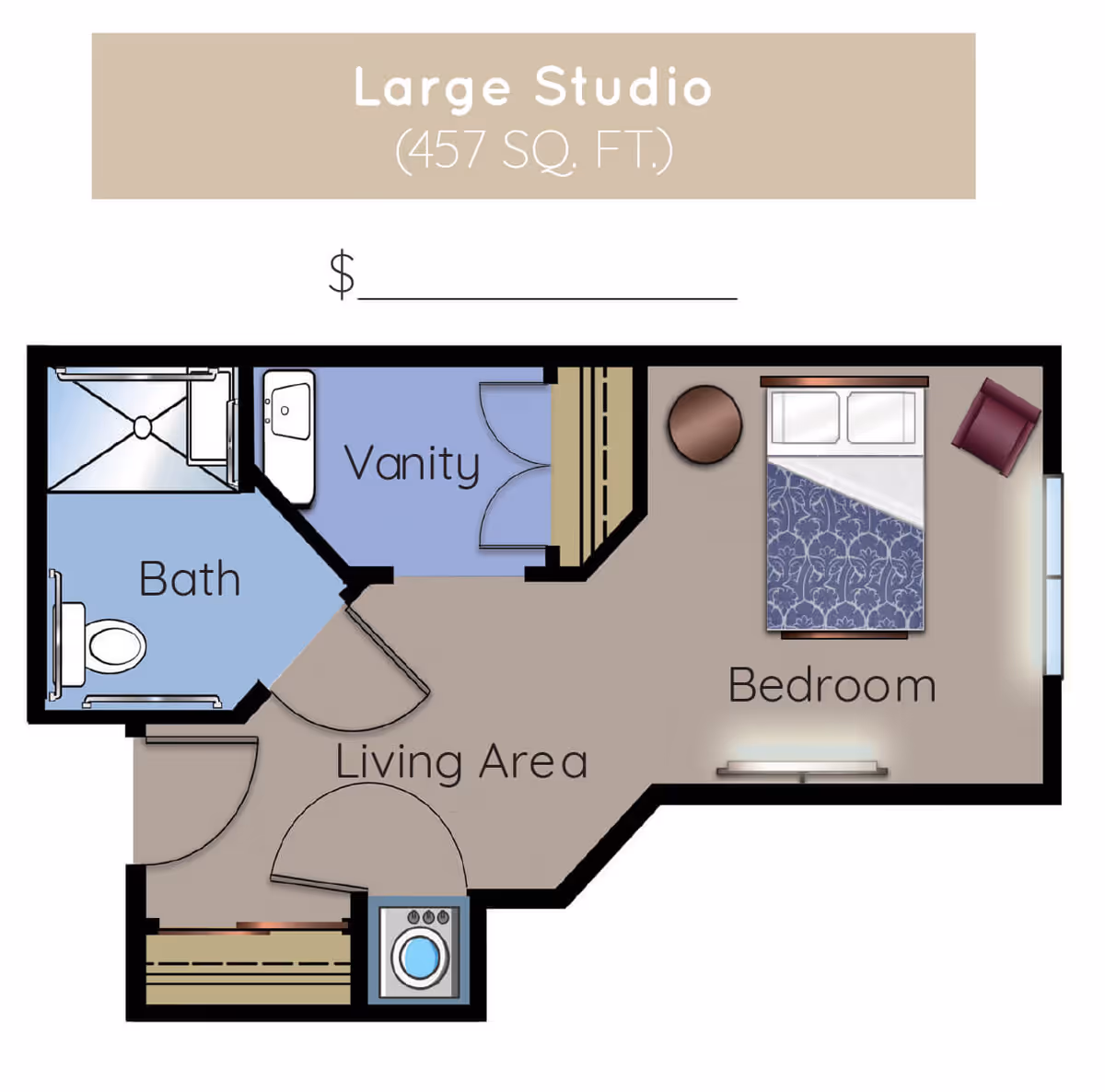 Floor plan of a large studio apartment measuring 457 square feet, showing a bedroom with a bed and chair, a living area, a vanity, and a bathroom with a shower and toilet.