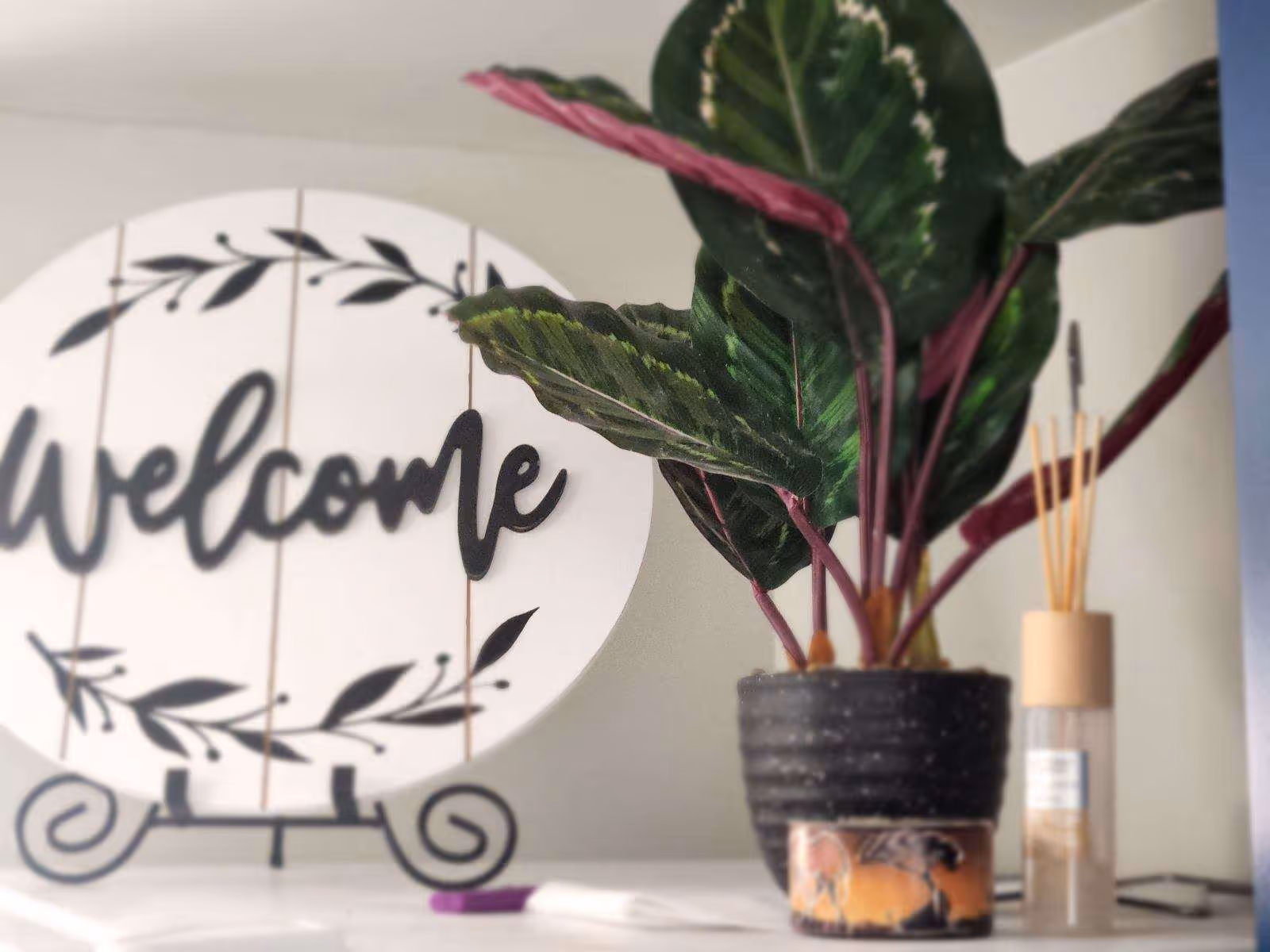 A decorative indoor scene featuring a white oval sign with the word 'Welcome' in black cursive letters, a potted plant with large green and purple leaves, a small candle holder with an animal design, and a reed diffuser on a white surface.
