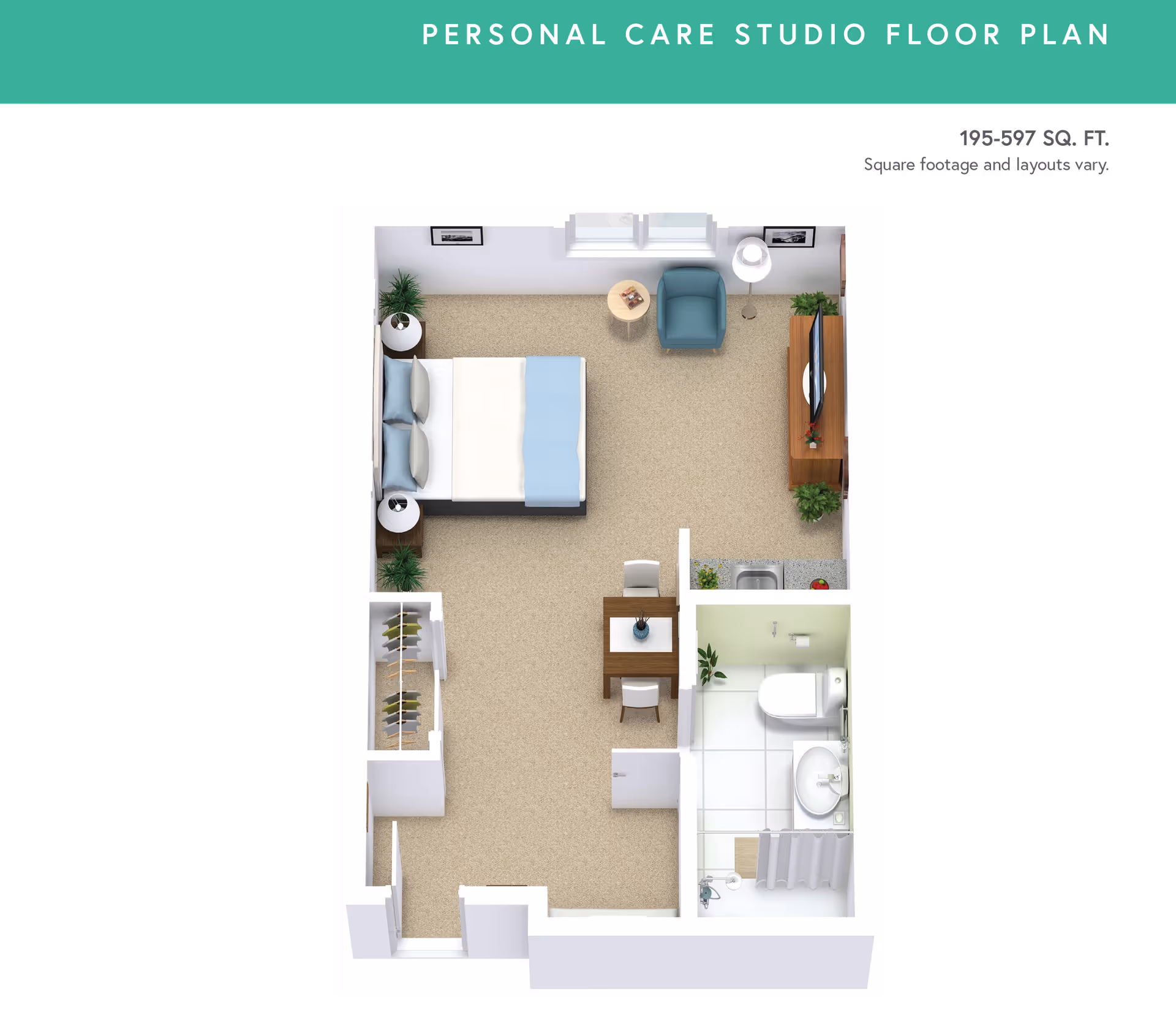 Floor plan of a personal care studio apartment showing a bedroom area with a bed, two nightstands, a closet, a small dining table with two chairs, a living area with an armchair and TV, a kitchenette with a sink, and a bathroom with a toilet, sink, and shower.