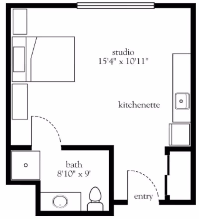 Floor plan of a studio apartment at Vitality Living Stony Brook showing a combined living and kitchenette area measuring 15 feet 4 inches by 10 feet 11 inches, a bathroom measuring 8 feet 10 inches by 9 feet, an entry door, and basic furniture layout including a bed and kitchenette fixtures.