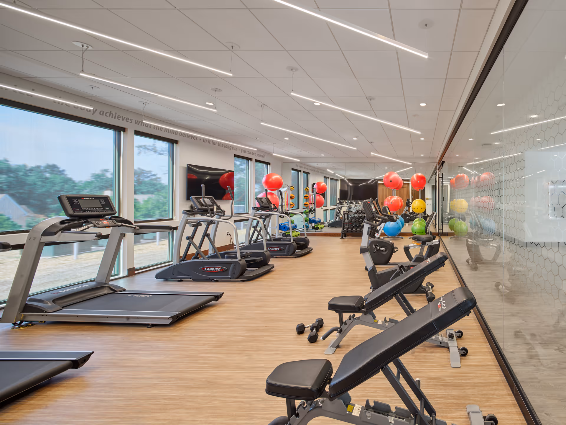 A modern fitness room with several treadmills, exercise bikes, weight benches, and colorful exercise balls. Large windows on one side provide natural light and a view of greenery outside. The room has wooden flooring and a glass wall on the opposite side.