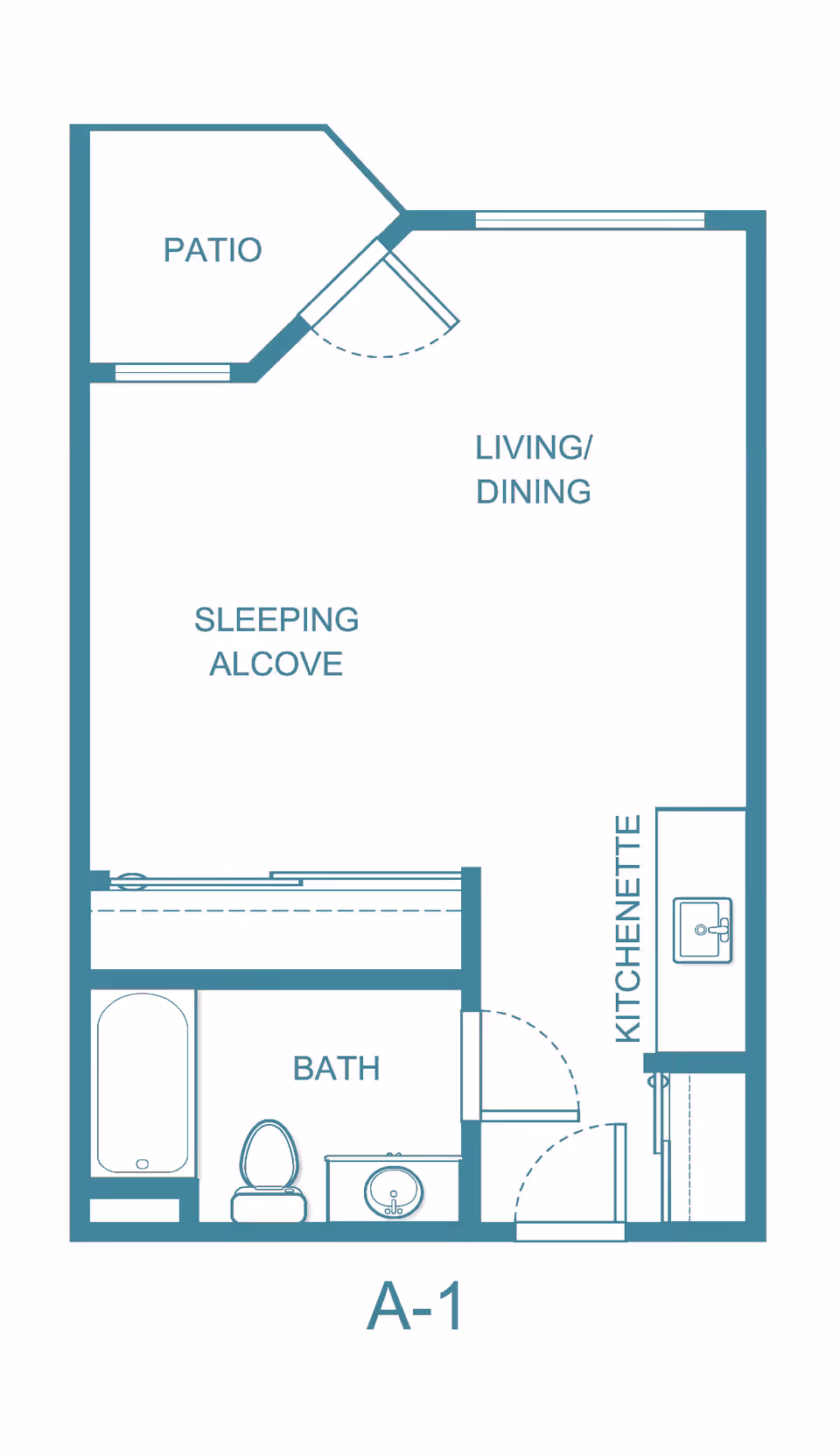 Architectural floor plan of a studio apartment labeled A-1 at Asher Point Independent Living of Montgomery, showing a patio, living/dining area, sleeping alcove, kitchenette, and bathroom with bathtub, toilet, and sink.