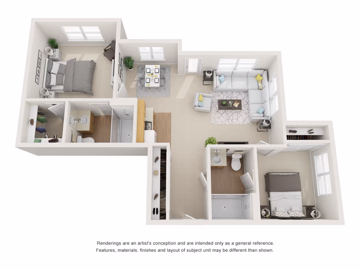 3D floor plan of a residential unit showing two bedrooms, two bathrooms, a kitchen, a dining area, and a living room. The bedrooms each have a bed, nightstands, and closets. The bathrooms include a shower, toilet, and sink. The kitchen has cabinetry and appliances, and the dining area has a table set for four. The living room features an L-shaped sofa, an armchair, a coffee table, and side tables with lamps.