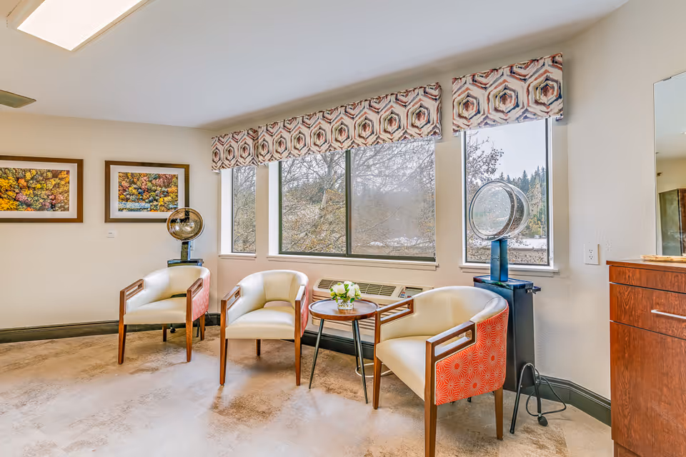 A bright room with three modern armchairs arranged around a small round table with a flower arrangement. The room has large windows with patterned valances, two vintage hair dryers, framed colorful artwork on the wall, and a wooden cabinet with a mirror on the right side.