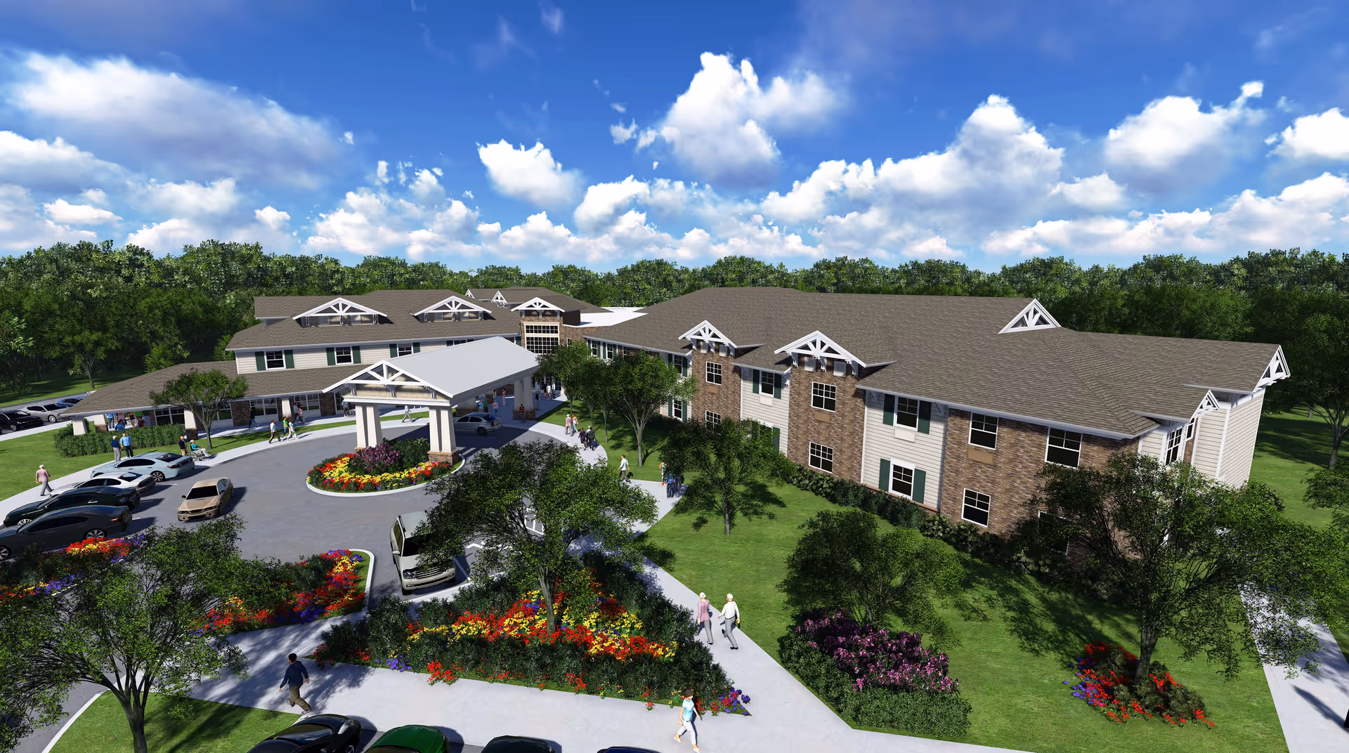 A large senior living facility building with a covered entrance and circular driveway surrounded by landscaped gardens and trees. Several people are walking on the sidewalks and cars are parked nearby under a bright blue sky with scattered clouds.