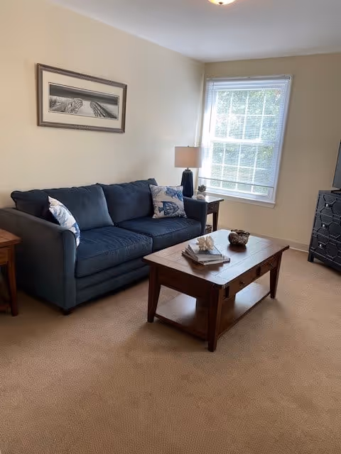 A cozy living room with a dark blue sofa adorned with patterned pillows, a wooden coffee table with decorative items and books, a side table with a lamp, a large window with blinds letting in natural light, and a framed black and white picture on the wall.