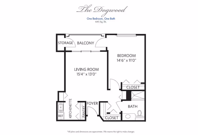 Black-and-white floor plan titled "The Dogwood" of a one-bedroom, one-bath apartment showing a living room, kitchenette, foyer, bedroom, bath, closets, pantry, and a balcony with storage.