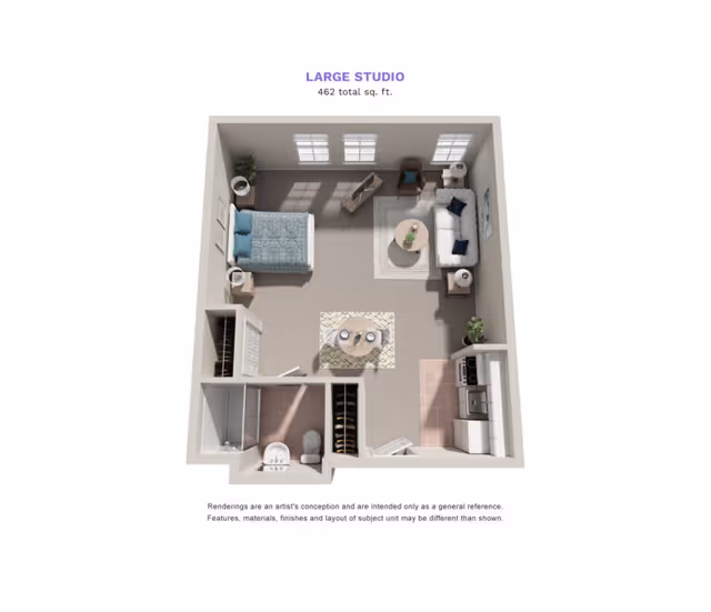 3D floor plan of a large studio apartment with 462 square feet. The layout includes a sleeping area with a bed and nightstands, a living area with a sofa, chair, coffee table, and TV, a small dining table with two chairs, a kitchen with appliances, and a bathroom with a shower, toilet, and sink.