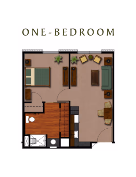 Floor plan of a one-bedroom apartment showing a bedroom with a bed and nightstands, a living room with a sofa, chairs, coffee table, and TV stands, a kitchen area with appliances, a dining table with chairs, and a bathroom with a toilet and shower.