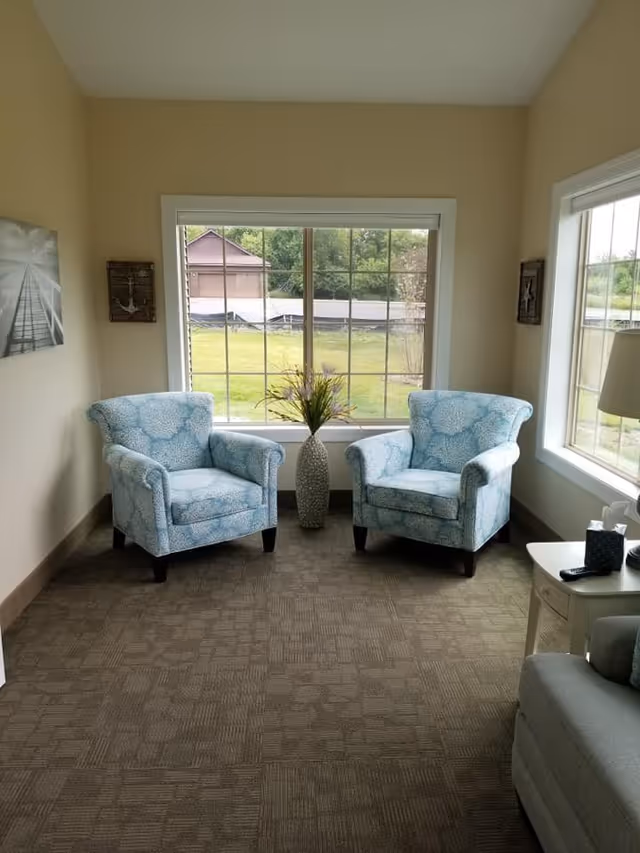 A cozy sitting area with two light blue patterned armchairs facing each other near a large window. Between the chairs is a tall vase with decorative branches. The room has beige walls, carpeted floor, and additional seating with a side table holding a tissue box and remote control. Outside the window, a green lawn and a brown garage are visible.