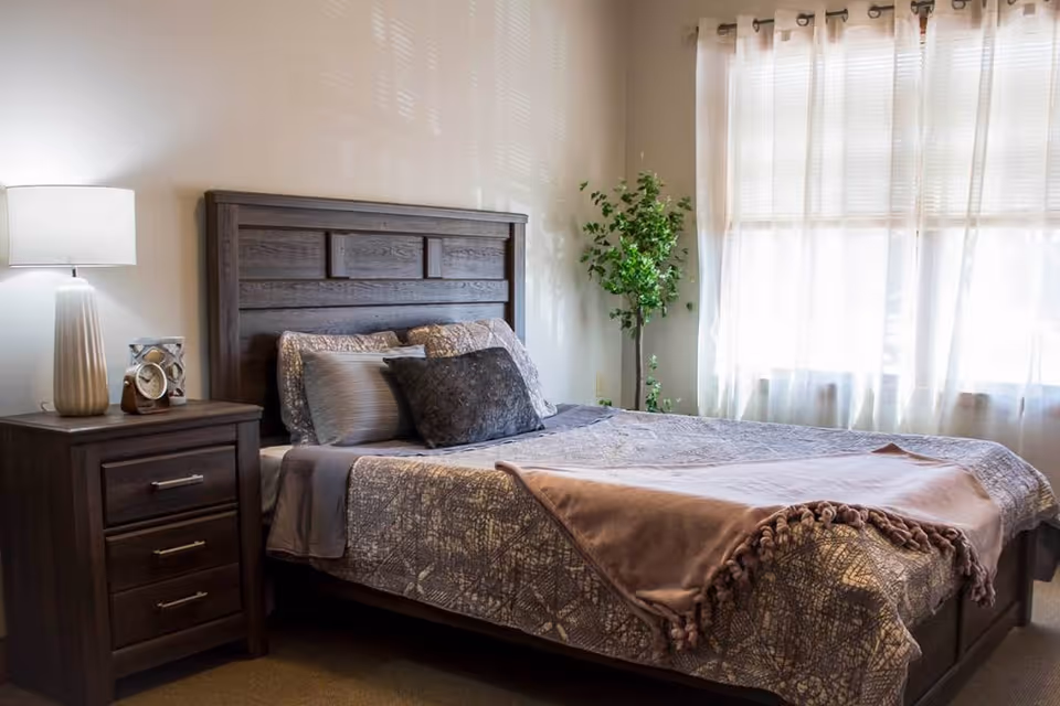 A sunlit bedroom featuring a wooden bed with pillows and a throw, a matching nightstand with a lamp, and a potted plant by a large window with sheer curtains.