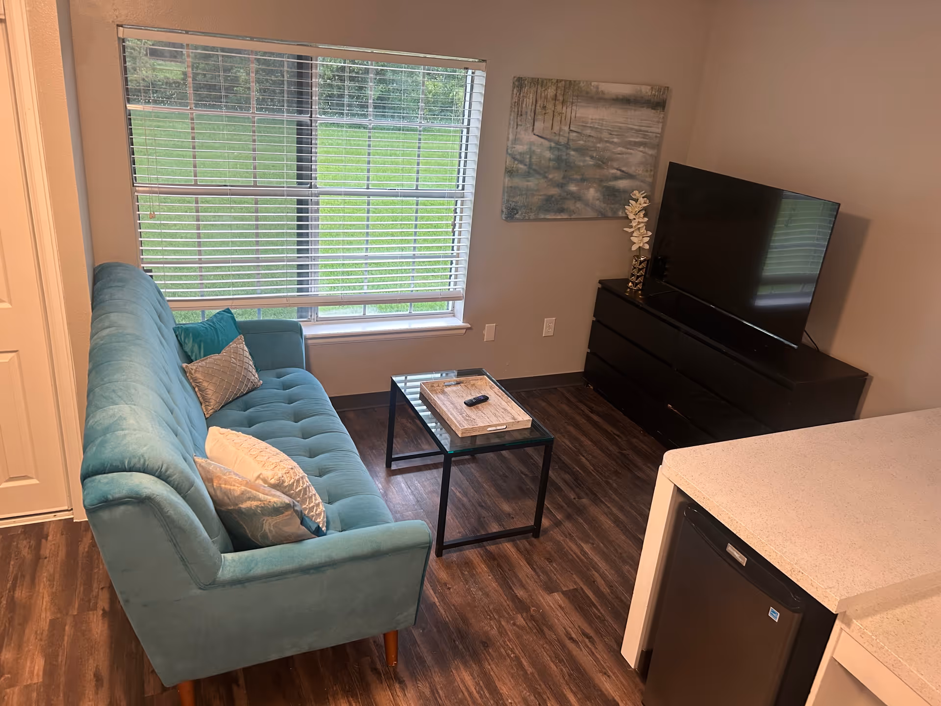 A small living room area with a teal sofa adorned with several decorative pillows, a glass coffee table with a wooden tray and remote control on it, a large window with white blinds showing green grass outside, a black dresser with a flat-screen TV on top, a decorative vase with white flowers, and a wall painting above the dresser. The floor is dark wood, and part of a white countertop and a small black refrigerator are visible in the foreground.