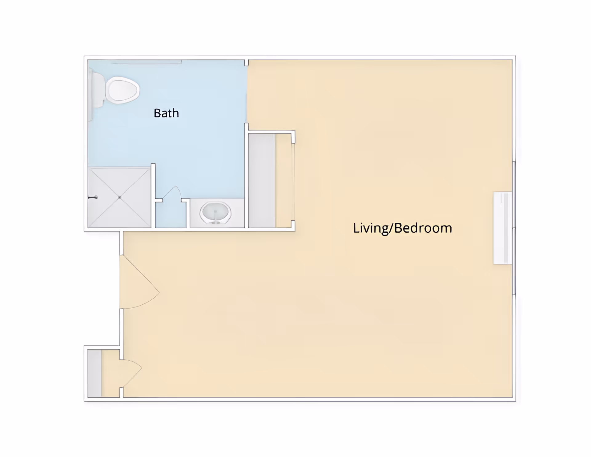 Floor plan of a living/bedroom area combined with a bathroom that includes a toilet, shower, and sink.