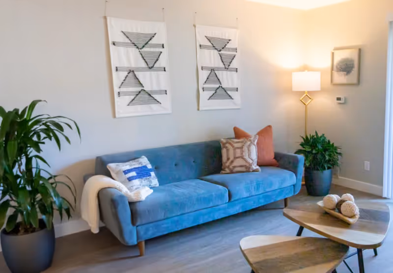 Modern living room with a teal sofa, decorative pillows, wall hangings, potted plants and nested wooden coffee tables.