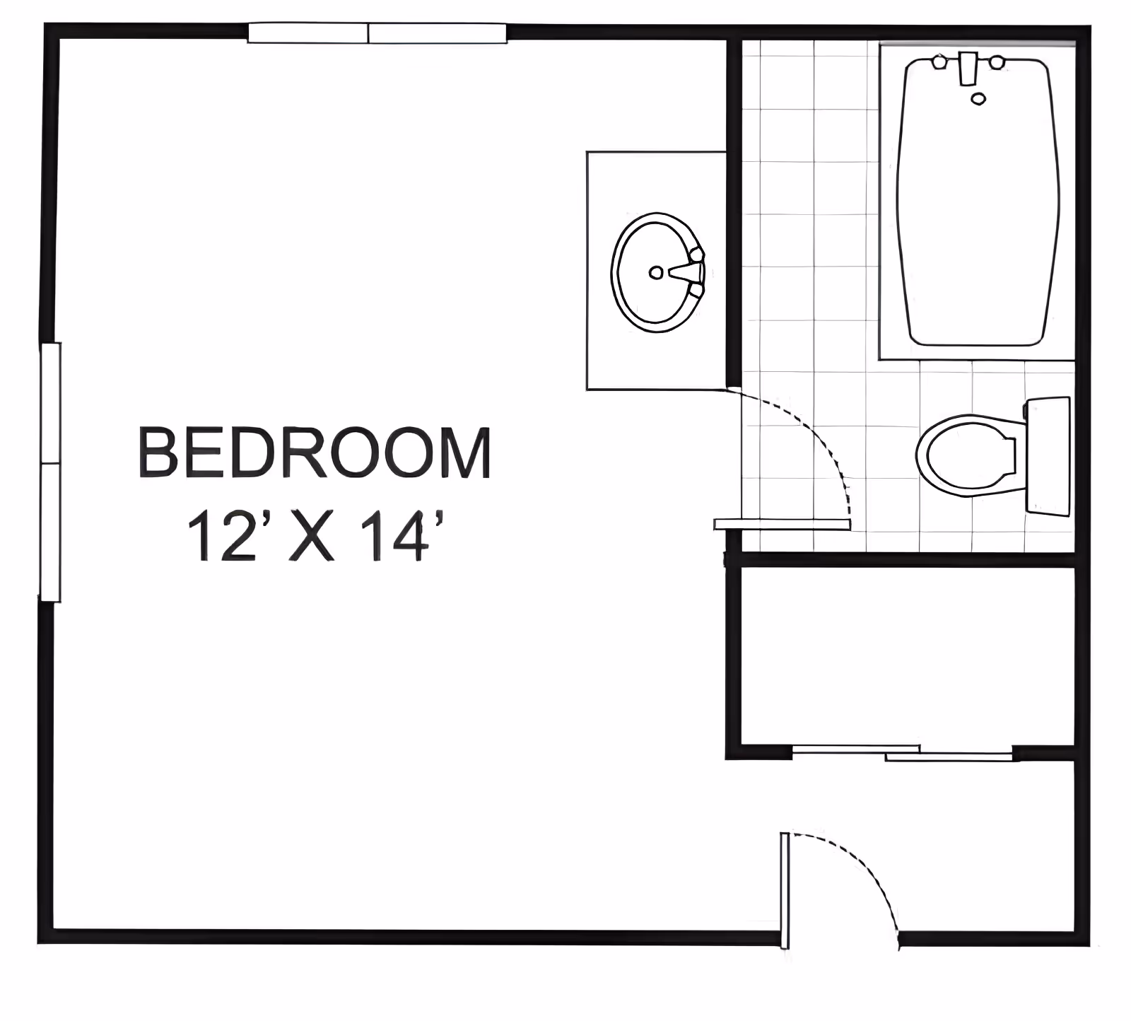 Architectural floor plan showing a bedroom measuring 12 feet by 14 feet connected to a bathroom with a bathtub, toilet, and sink.