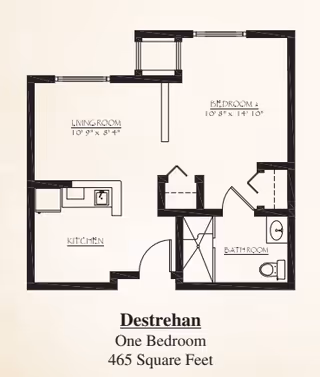 Black-and-white floor plan of a one-bedroom apartment labeled 'Destrehan One Bedroom 465 Square Feet' showing a living room, kitchen, bedroom, and bathroom.