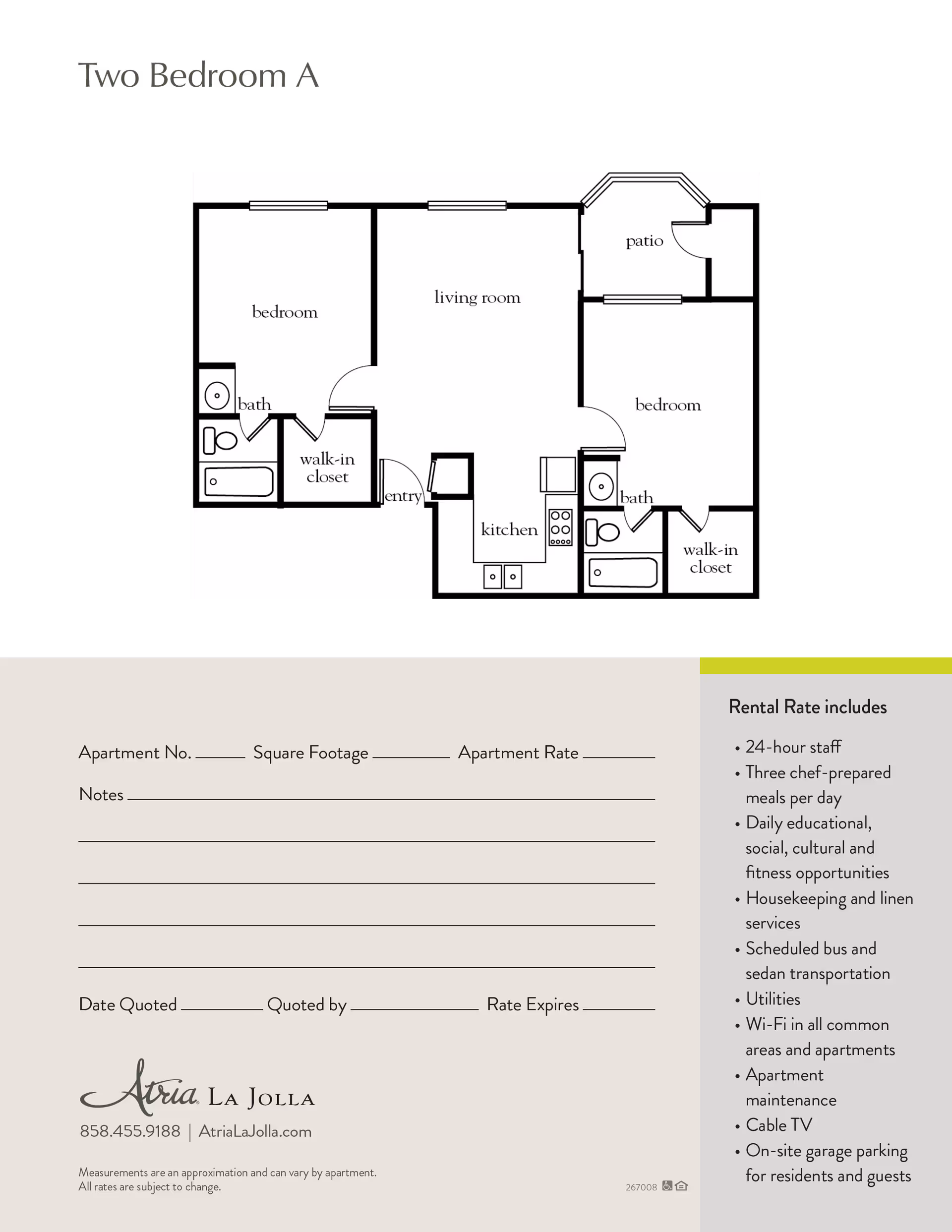 Floor plan labeled Two Bedroom A showing two bedrooms each with a walk-in closet and bath, a living room, kitchen, entry, and a patio. Below the floor plan is a section for apartment details and rental rate information. The bottom right lists rental rate inclusions such as 24-hour staff, three chef-prepared meals per day, daily educational and fitness opportunities, housekeeping, transportation, utilities, Wi-Fi, apartment maintenance, cable TV, and on-site garage parking. The facility name Atria La Jolla with contact information is displayed at the bottom.