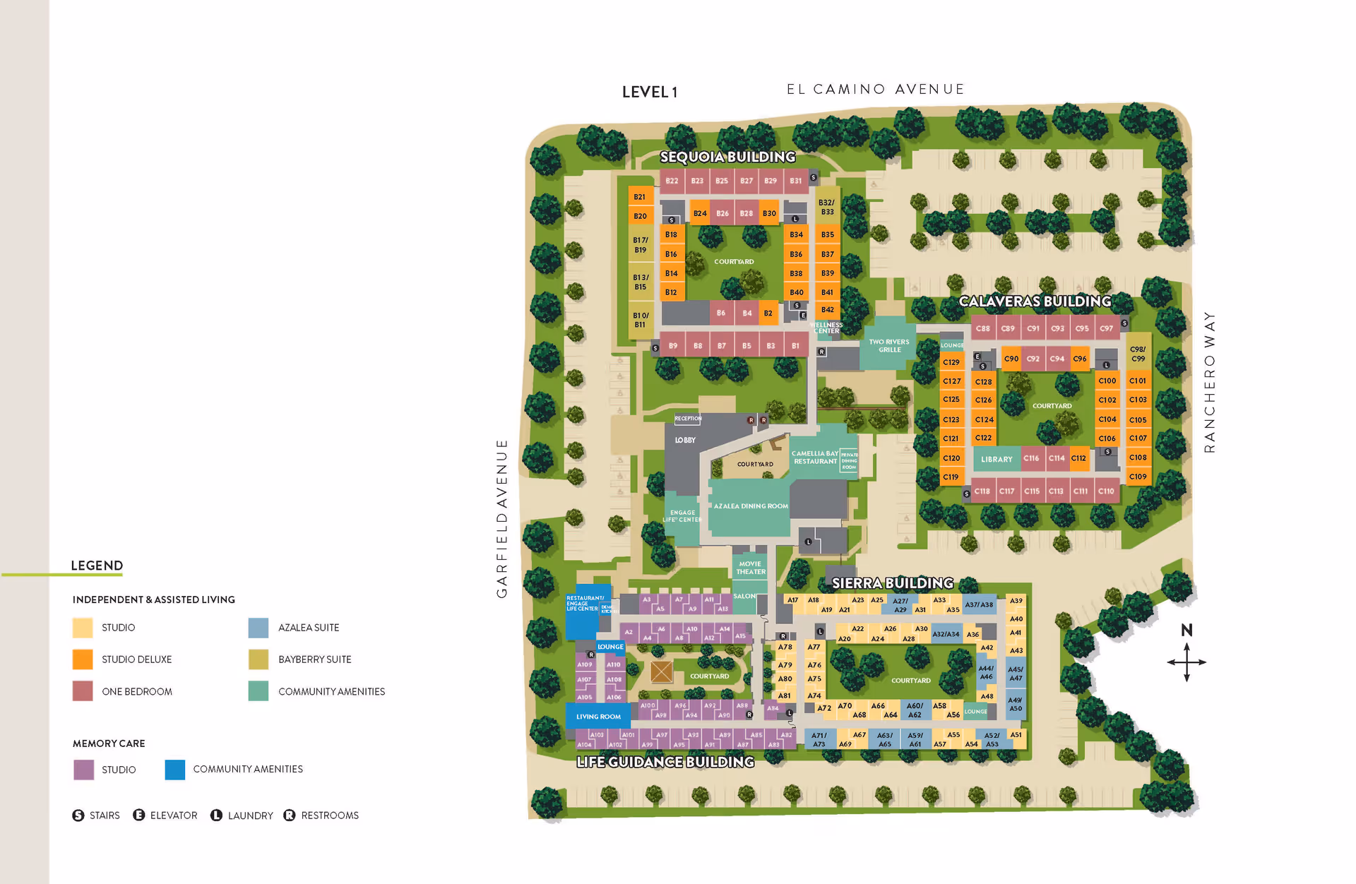 Floor plan of Atria El Camino Gardens senior living facility showing four main buildings: Sequoia, Calaveras, Sierra, and Life Guidance. The map includes labeled suites and community amenities, courtyards, parking areas, and surrounding streets (El Camino Avenue, Garfield Avenue, Ranchero Way). A legend indicates different suite types and amenities with color coding.