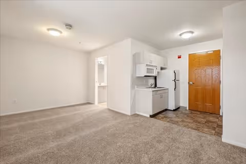 Open studio-style apartment interior with a carpeted living area, small kitchenette (microwave and refrigerator), and an entry door.