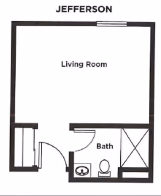 Floor plan labeled 'JEFFERSON' showing a living room area with an adjacent bathroom that includes a toilet, sink, and shower.