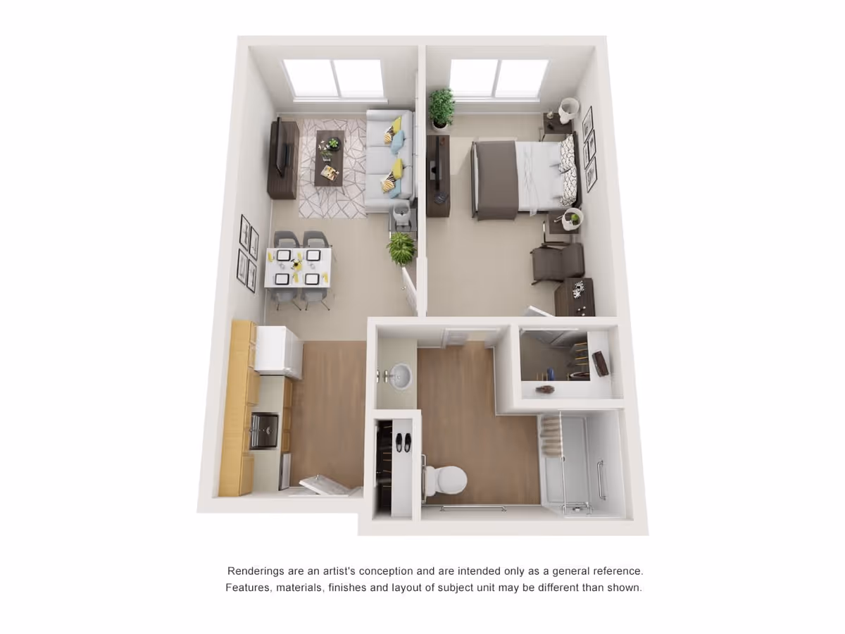 3D floor plan of a one-bedroom apartment featuring a living room with a sofa, coffee table, TV, and dining table with four chairs. The bedroom includes a bed, nightstands, a chair, and a dresser. The kitchen has cabinets, a refrigerator, and an oven. The bathroom contains a toilet, sink, and bathtub with a shower.