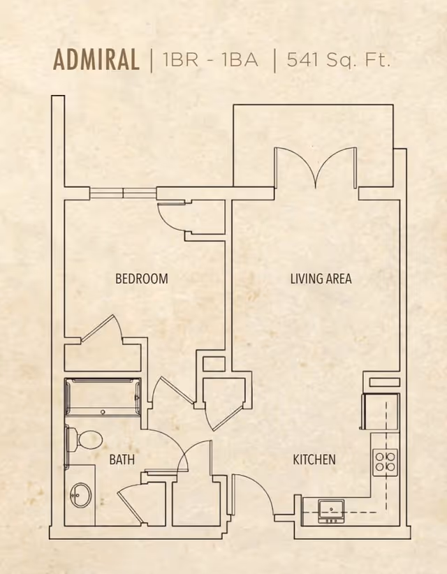 Floor plan labeled Admiral showing a 1 bedroom, 1 bathroom apartment with 541 square feet. The layout includes a bedroom, bath, kitchen, and living area.