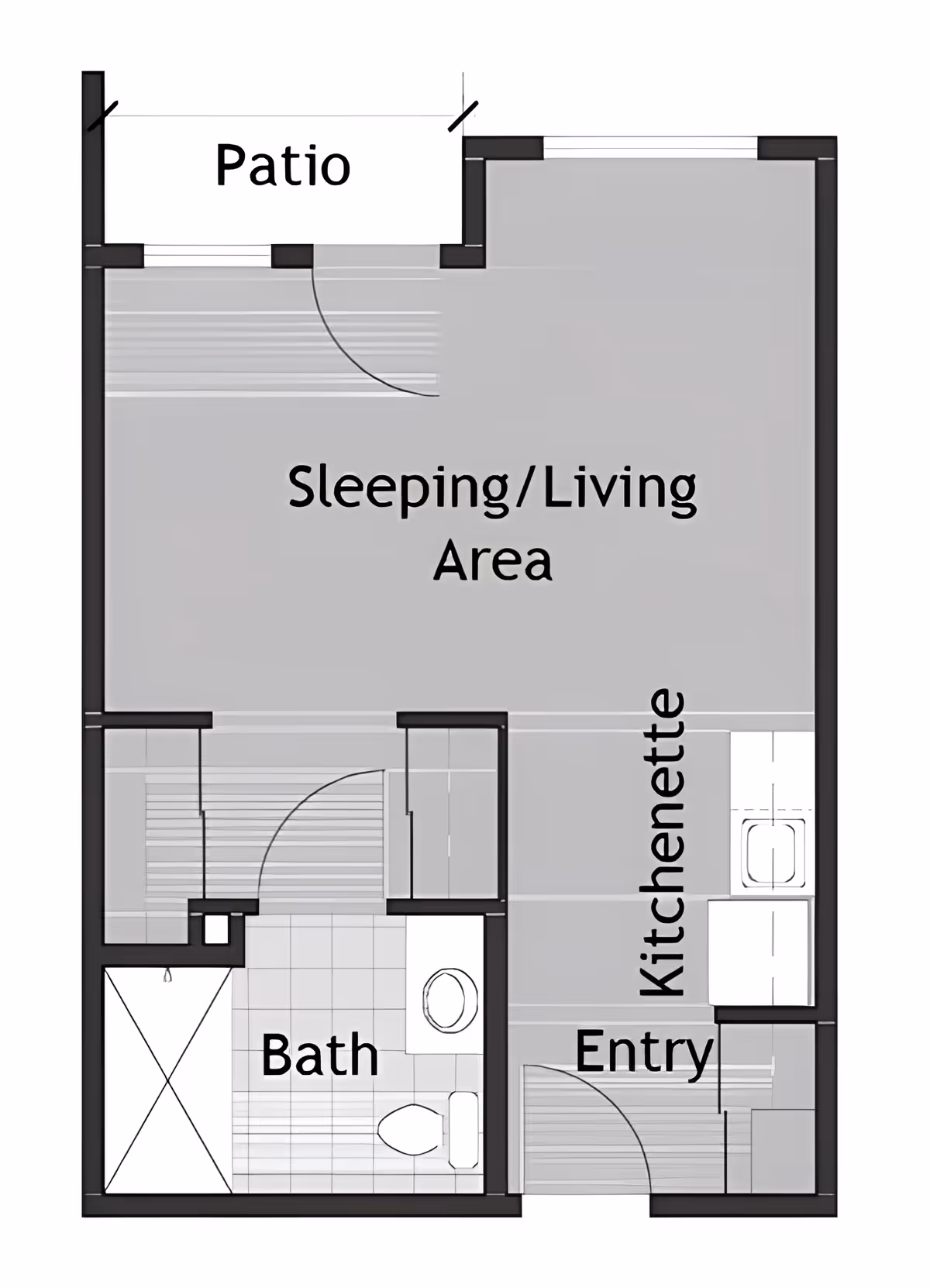 Floor plan of a small living space at Mountain View Gardens Gracious Retirement Living, showing a patio, sleeping/living area, kitchenette, entry, and a bathroom with a shower, toilet, and sink.