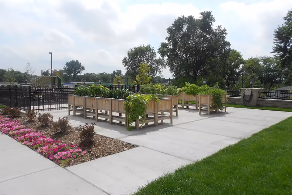 Raised wooden planter boxes with green plants on a paved outdoor patio next to flower beds and trees.